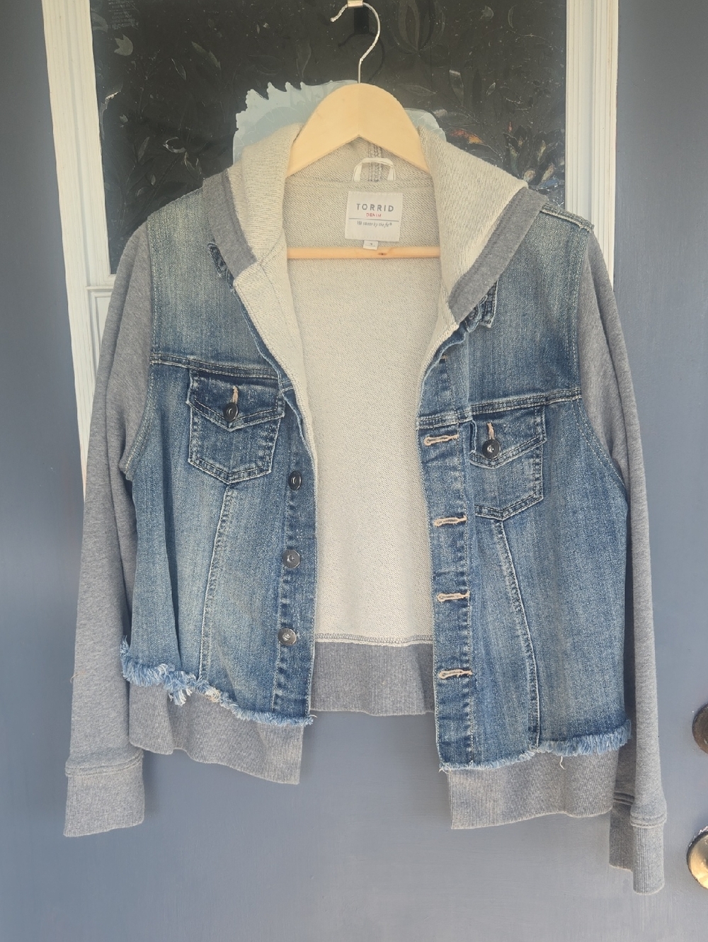 torrid Blue Denim Jacket with Gray Hooded Knit Sleeves
